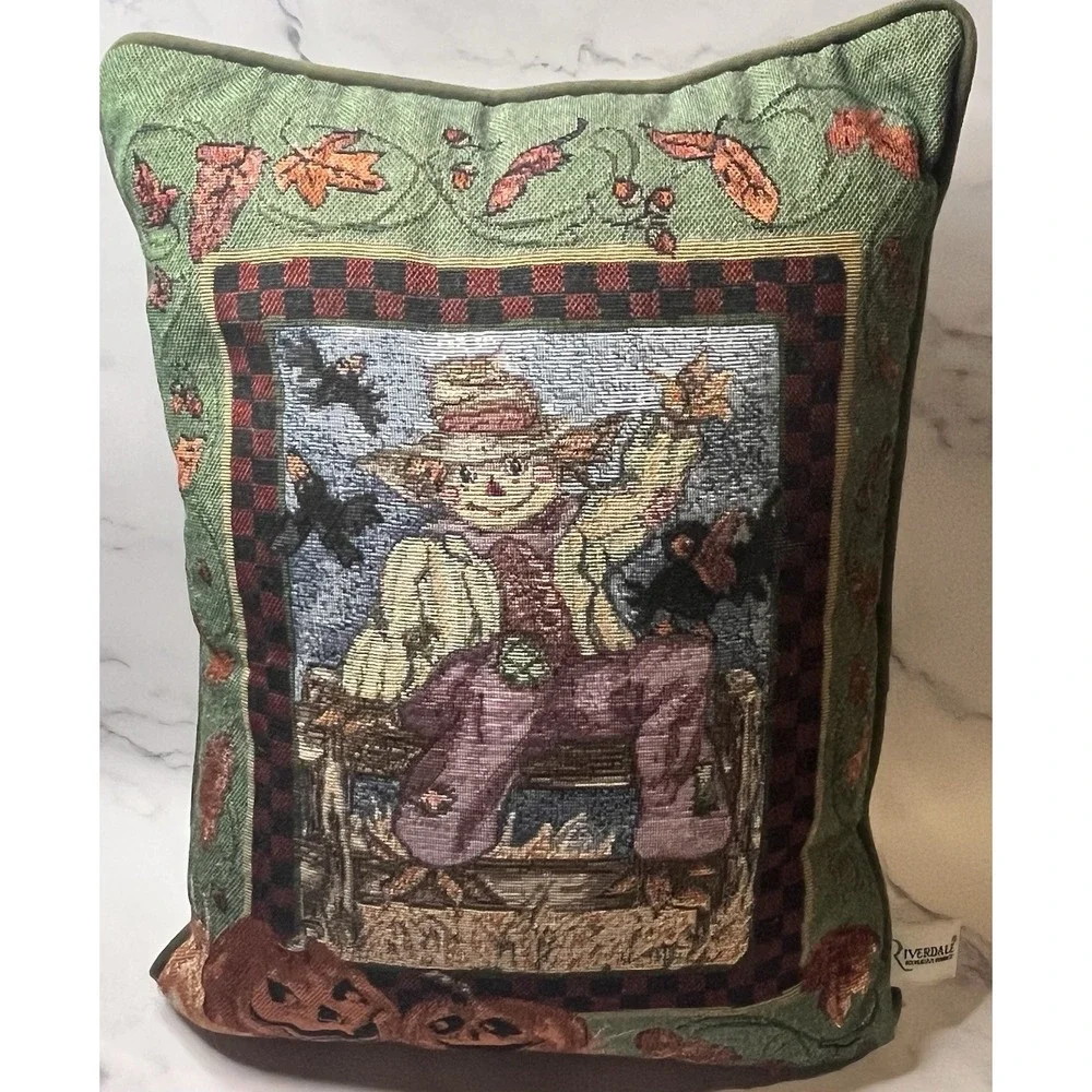 VTG Decorative Halloween Tapestry Throw Pillow Scarecrow Pumpkins Black Birds